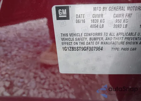 2016 Chevrolet Malibu Ls z USA, uszkodzony, nr VIN 1G1ZB5ST9GF307964